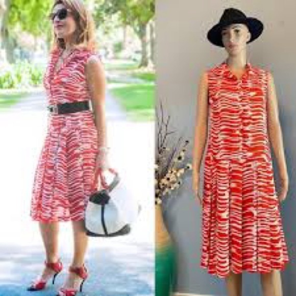 CAbi Dresses & Skirts - Cabi Red White Brushstroke Sleeveless Button Front Midi Dress Size M
